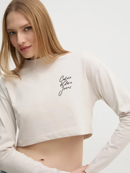Tricou cu mânecă lungă Calvin Klein Jeans bej