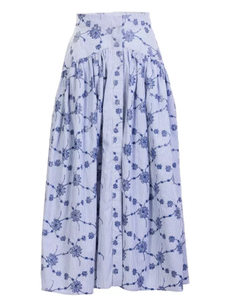 Fustă midi Silvia Tcherassi cu broderie cu dungi până la genunchi albastru