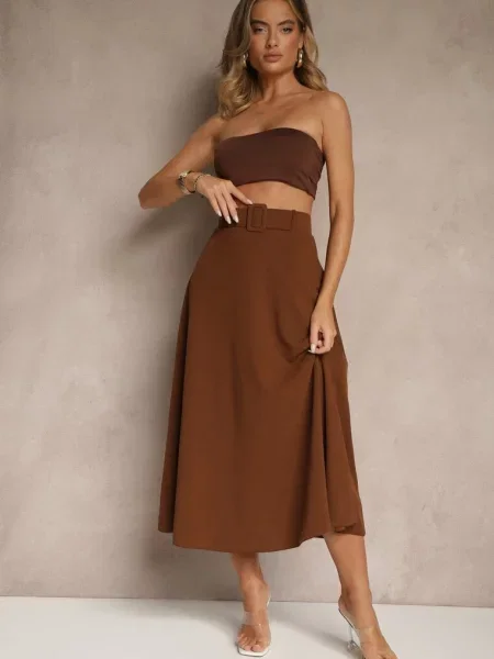 Rozkloszowana Spódnica Maxi z i Klamrą Adlirca brązowa