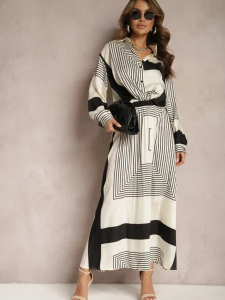 Fustă plisată bej-negru cu în talie decorată cu model geometric Jenessia negru