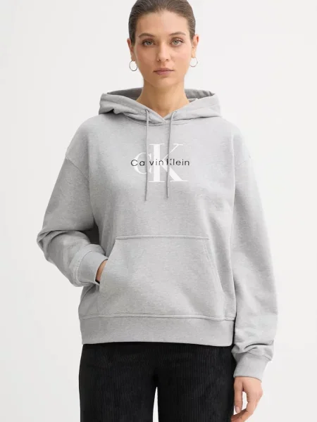 Mikina Calvin Klein Jeans s kapucí hladká šedá