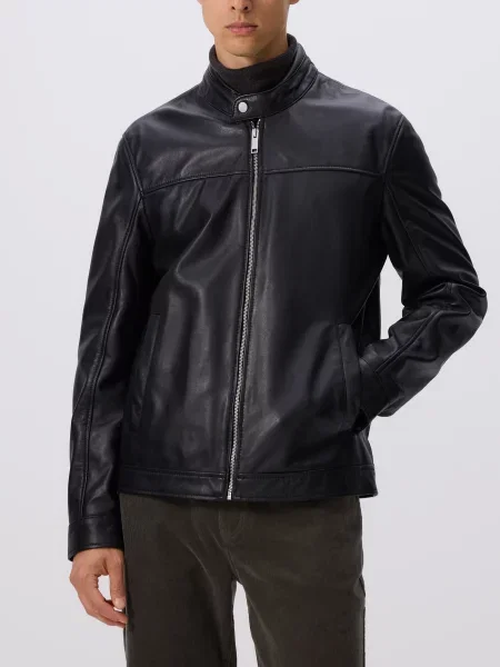 Кожаная куртка Reserved с воротником стойка черная
