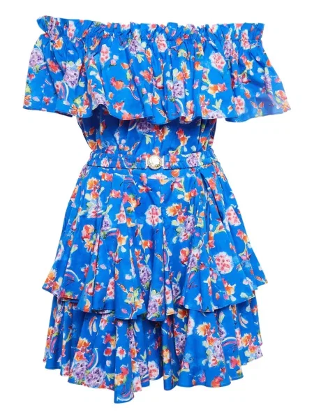 Sukienka mini Caroline Constas w kwiatki z falbankami garniturowa niebieska