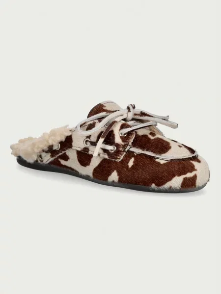 Posa papuci de casă pentru femei din piele Boat Loafer Mule Cow Print bej