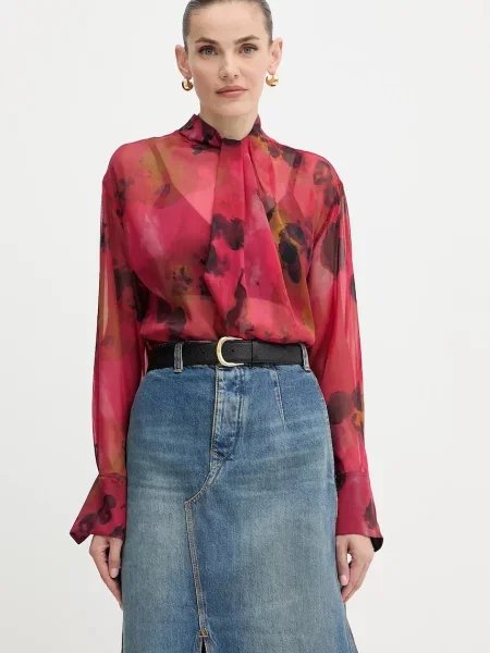 Victoria Beckham bluză de mătase rosu cu imprimeu