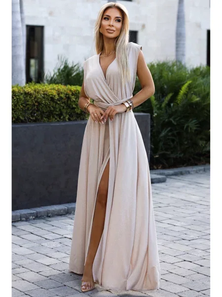 Elegantné dlhé maxi šaty Numoco béžová