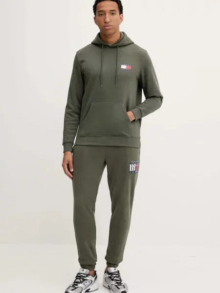 Tommy Jeans pulover s kapuco z bombažem zelena