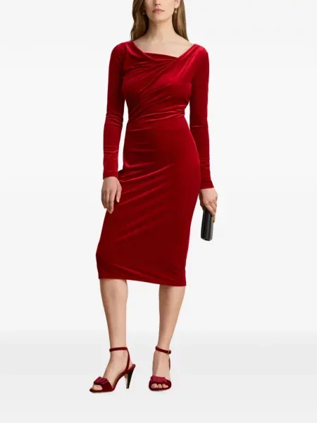 Rochie midi Lauren Ralph Lauren de catifea drapată roșu