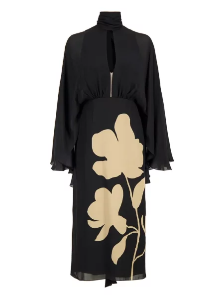 Rochie midi Johanna Ortiz cu model floral până la genunchi de costum negru