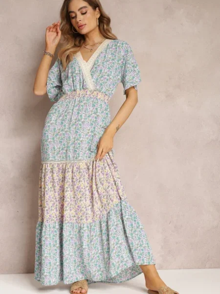 Rochie Maxi Albastru-Mentă tip Plic cu în Talie și Dantelă Marea albastru