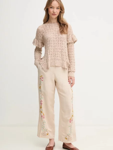 Hoss Intropia spodnie lniane proste high waist beżowy