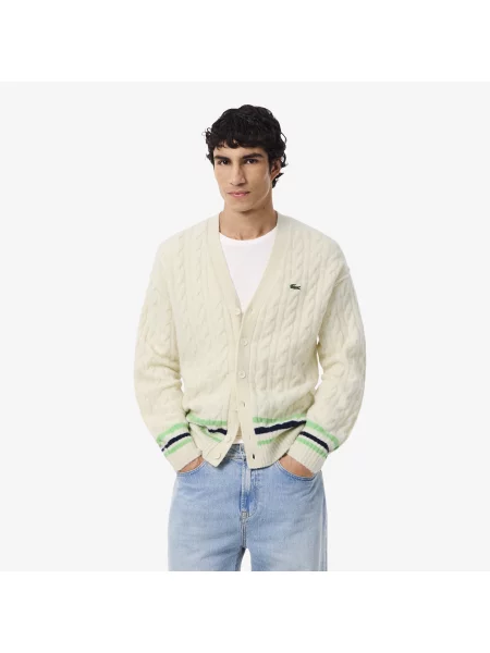 Lacoste Wełniany Kardigan Z Warkoczowym Splotem biały