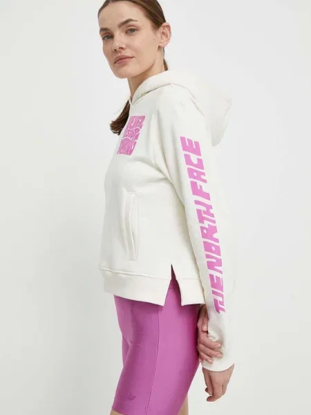Суичър с качулка The North Face с качулка с принт бежово