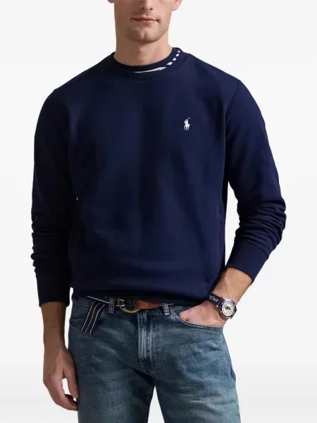 Haftowane szorty jeansowe Polo Ralph Lauren skórzane na ramiączkach niebieskie