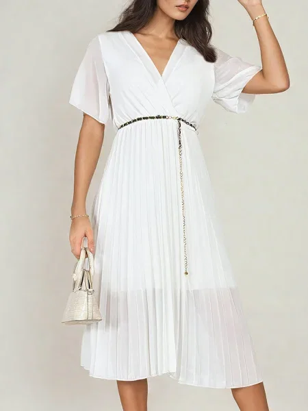 Rochie midi Resti plisată până la genunchi de costum alb