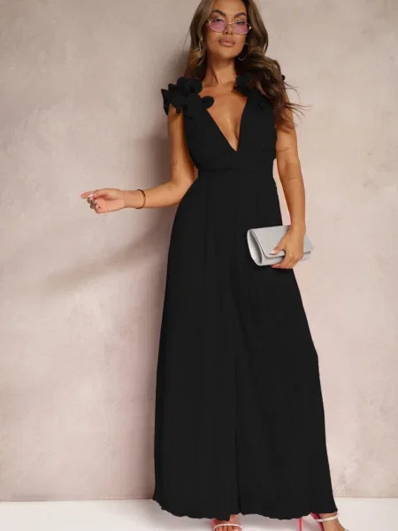 Taliați Cocktail Salopeta cu Picioare Largi Ornate cu Volane Gealfrea negru