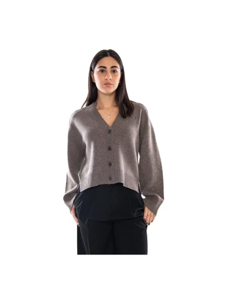 Kardigan Tommy Hilfiger z dekoltem w serek brązowy