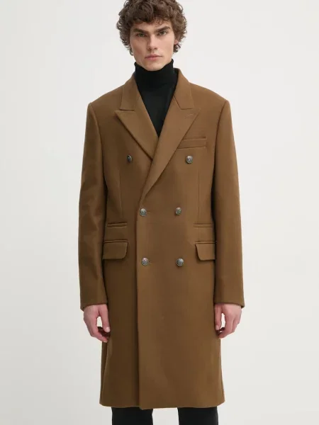 Вълнено палто The Kooples преходен модел с двуредно закопчаване кафяво