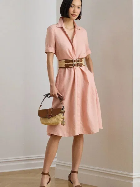 Sukienka koszulowa z czystego lnu Lauren Ralph Lauren różowa