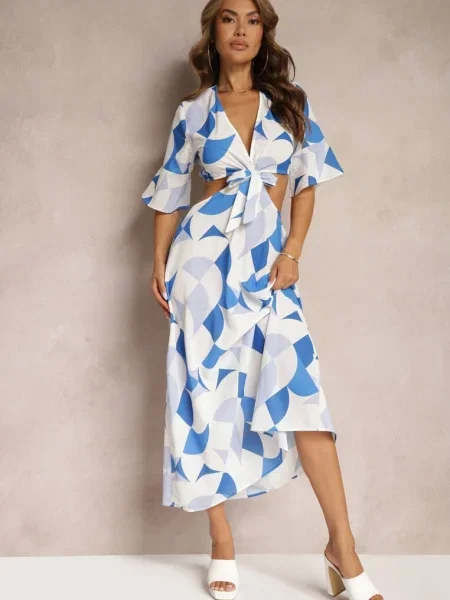 Rochie maxi bleumarin tip plic cu fusta clos și legătură Alylina albastru