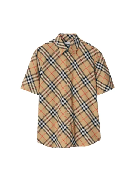 Koszula z krótkim rękawem Burberry w kratę popelinowa retro beżowa
