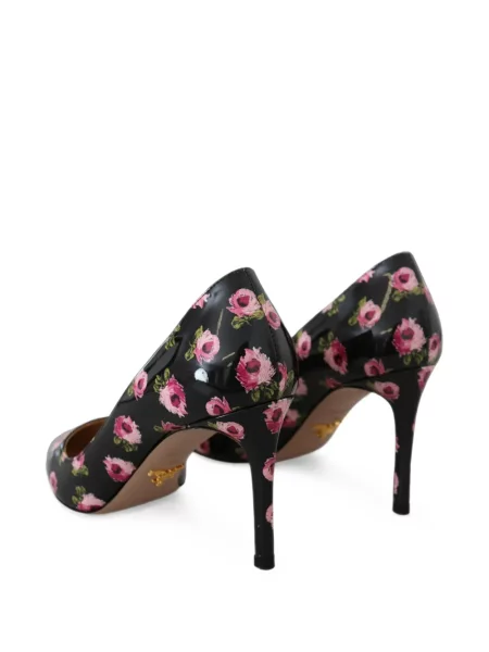 Pantofi cu toc Prada din piele cu model floral de lac negru
