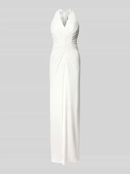 Długa sukienka z perłami i dekolt w serek Luxuar Fashion biała