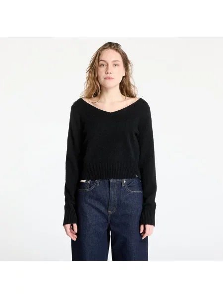 Pulover Calvin Klein Jeans Fluffy Yarn V-Neck Sweater Black XS negru