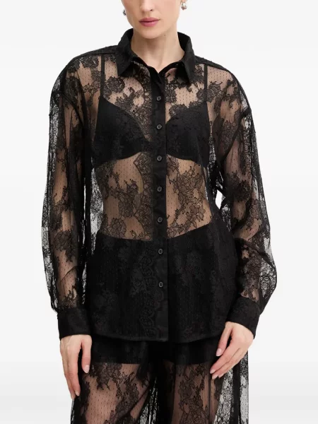 Cămașă Bardot cu model floral din dantelă negru