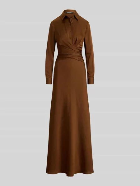 Sukienka wieczorowa z marszczeniami w talii Lauren Ralph Lauren brązowa