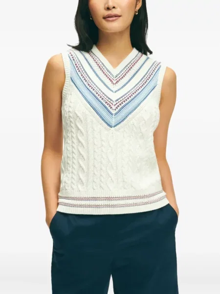 Pulover Brooks Brothers fără mâneci cu decolteu în V alb