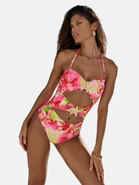 Lipsy Costum de baie întreg Starfish auriu / măr / roz / roz zmeură verde