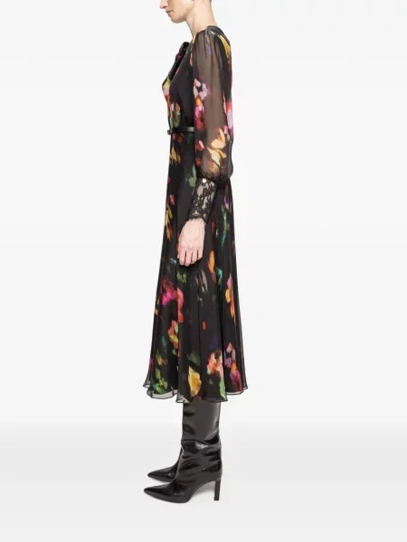 Rochie midi Nissa cu funde de mătase cu model floral negru