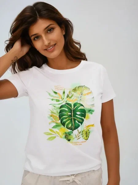 Tricou Marisse cu imagine cu imprimeu tropical alb