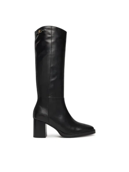Кожени ботуши Tommy Hilfiger STACKED HEEL LEATHER LONG BOOT с дебел черно