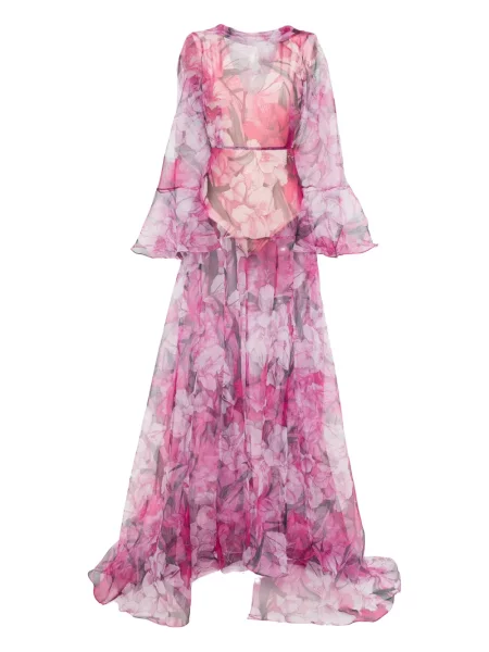 Rochie maxi Miau By Clara Rotescu cu model floral cu volane de costum roz