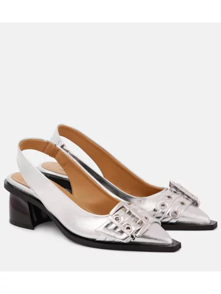 Pantofi cu toc Ganni din piele slingback argintiu