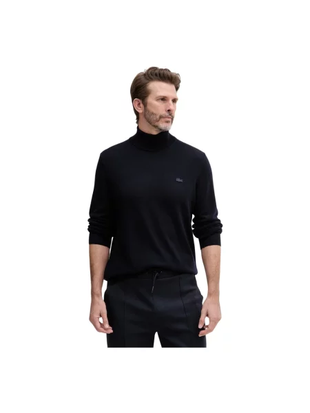 Lniany sweter z golfem Lacoste niebieski