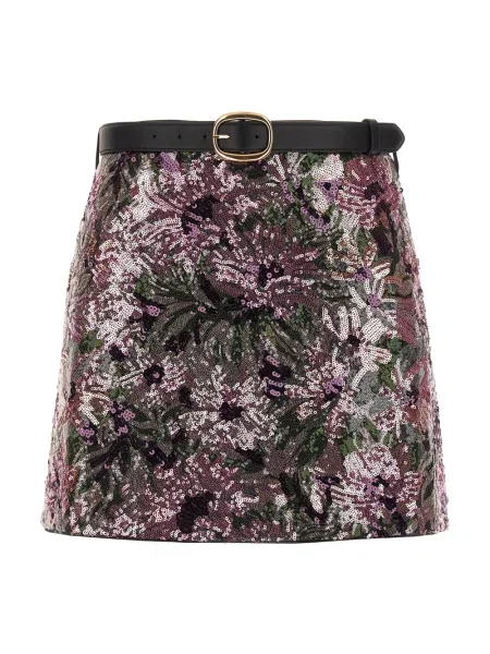 Mała spódnica skórzana Self-portrait z cekinami w kwiatki różowa