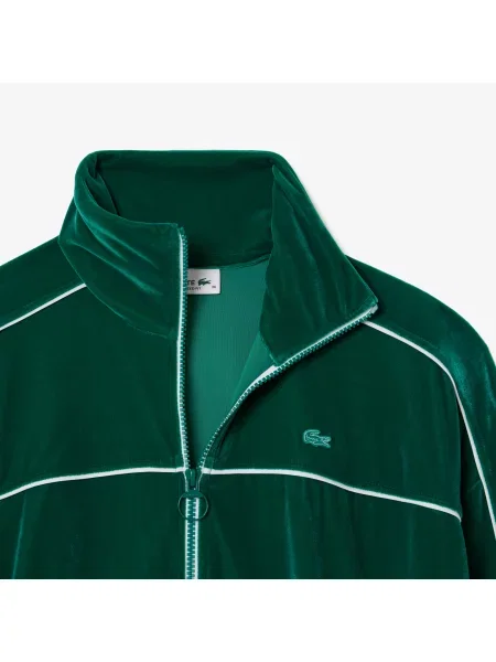Lacoste Luźna Aksamitna Bluza Z Zamkiem Błyskawicznym zielona