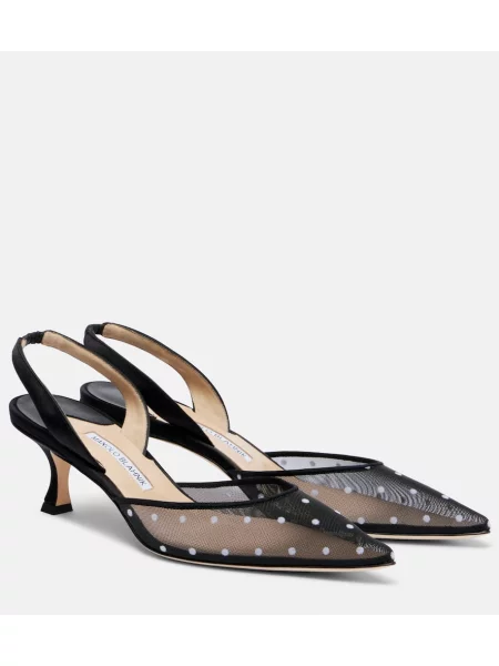 Pantofi cu toc Manolo Blahnik cu buline plasă slingback negru