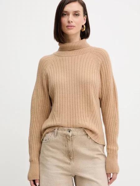 Simona Corsellini sweter wełniany lekki z golfem beżowy
