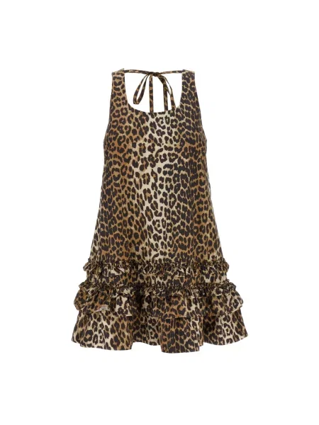 Mała sukienka mini Ganni w panterkę popelinowa brązowa