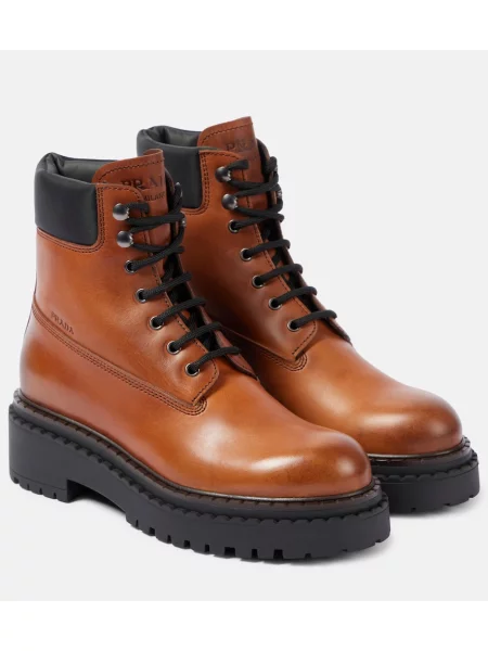 Кожени боти Prada с връзки кафяво