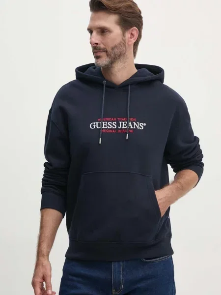 Pulover Guess Jeans mornarsko s kapuco modra