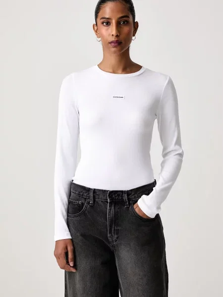 Guess Jeans tričko s dlouhým rukávem s bavlnou bílé