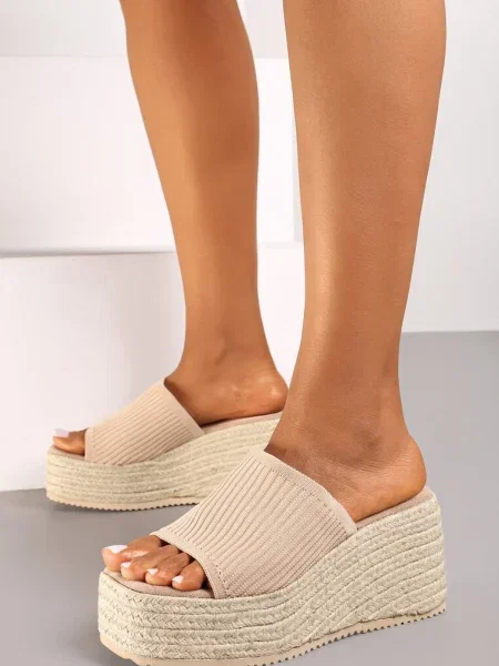 Casualowe Klapki w Stylu Boho na Koturnie z Plecionką Neltara beżowe