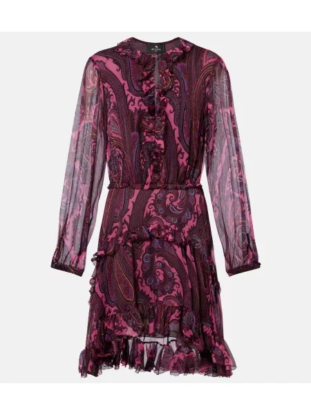 Rochie Etro de mătase cu volane cu model paisley violet