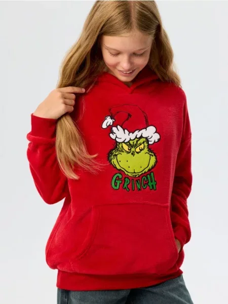 Sinsay Vánoční mikina s kapucí a výšivkou Grinch červená