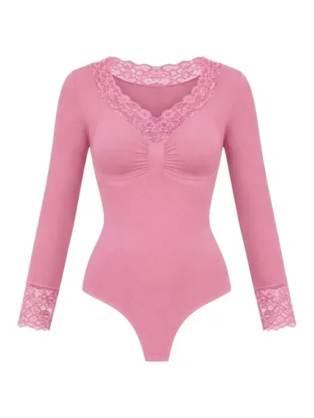 Cfab Alakformáló body Clean Longsleeve V-Neck with Lace Sculpting Bodysuit with String' rózsaszín